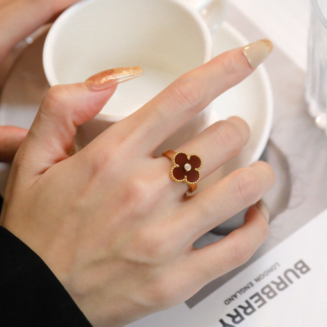 [Kaelin Vow]CLOVER CARNELIAN RING ROSE GOLD DIAMOND