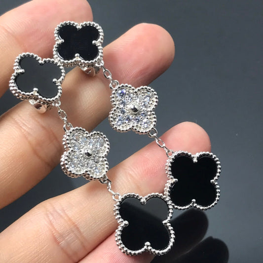 [Kaelin Vow]CLOVER 3 MOTIF DIAMOND ONYX SILVER EARRINGS