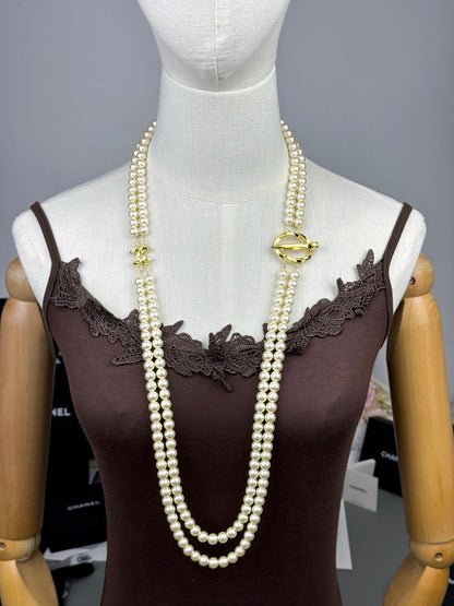[Kaelin Vow]25K Pencil Double C Double-Layer Pearl Sweater Chain