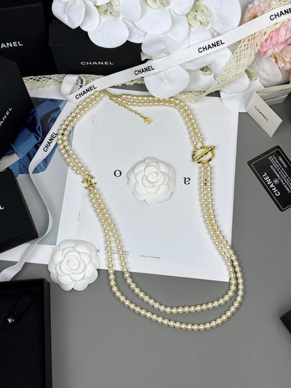 [Kaelin Vow]25K Pencil Double C Double-Layer Pearl Sweater Chain