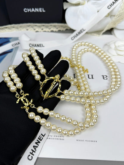 [Kaelin Vow]25K Pencil Double C Double-Layer Pearl Sweater Chain
