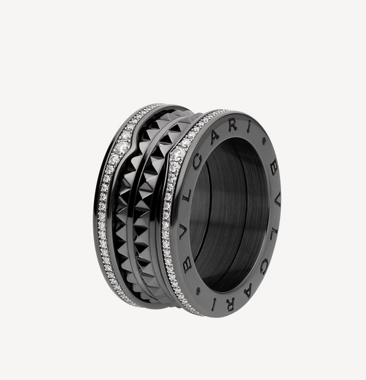 [Kaelin Vow]ZERO 1 ROCK FOUR-BAND BLACK CERAMIC WITH STUDDED SPIRAL AND PAVED DIAMONDS RING