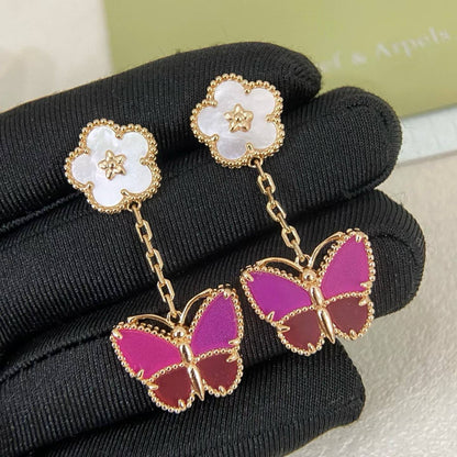 [Kaelin Vow]ROSE QUARTZ TWO‑FLOWER BUTTERFLY DROP EARRINGS
