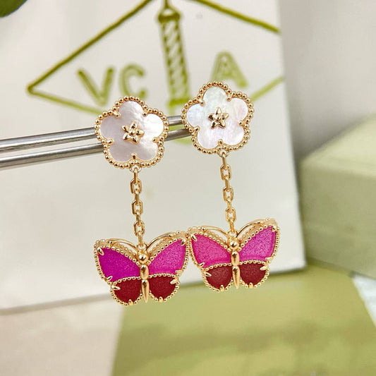 [Kaelin Vow]ROSE QUARTZ TWO‑FLOWER BUTTERFLY DROP EARRINGS