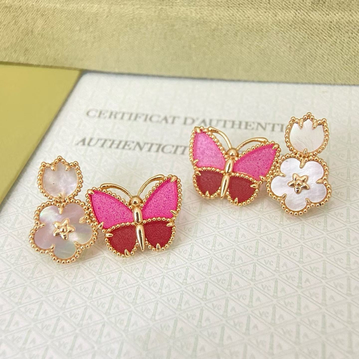 [Kaelin Vow]ROSE QUARTZ THREE‑IN‑ONE BUTTERFLY STUD EARRINGS