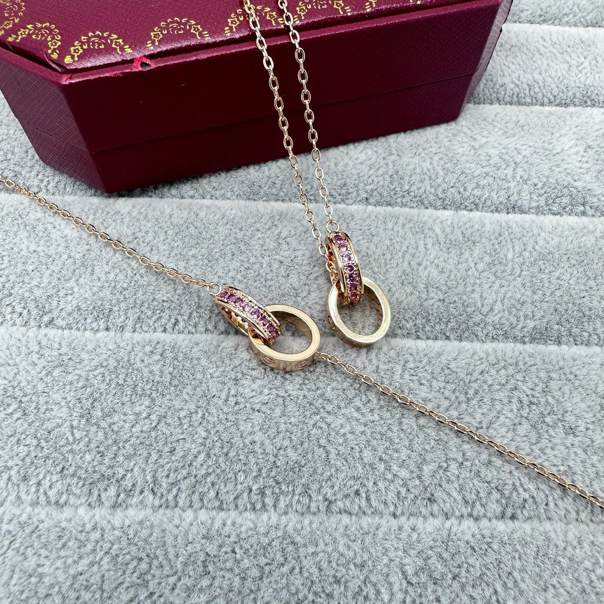 [Kaelin Vow]LOVE DOUBLE PINK STONES RING NECKLACE