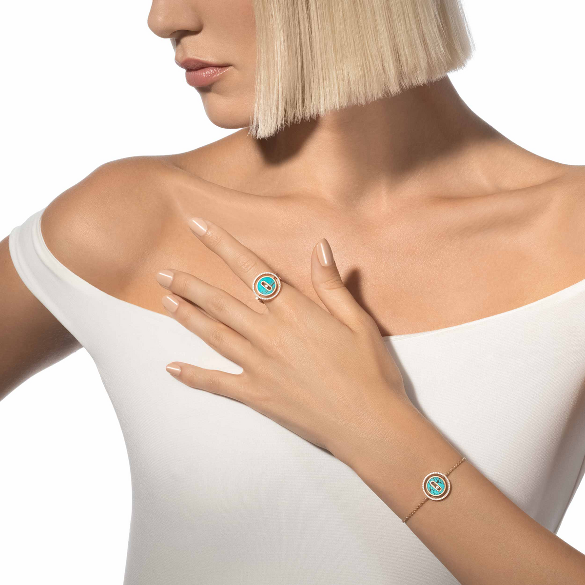 [Kaelin Vow]LUCKY MOVE TURQUOISE PINK GOLD DIAMOND BRACELET(Adjustable)